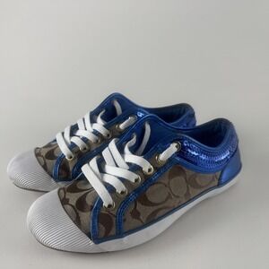 Coach Shoes Womens Size 7.5 Blue Sequin‎ Canvas Sneakers Signature Logo Lace Up